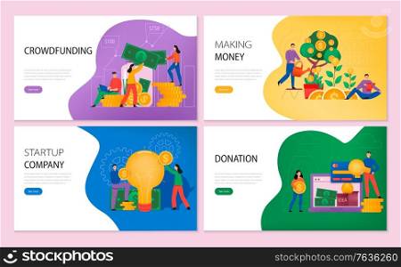 Crowdfunding horizontal banners set with making money symbols flat isolated vector illustration