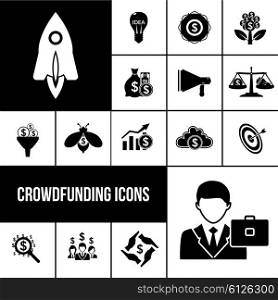 Crowdfunding icons black set. Crowdfunding icons black set with innovation startup financial support solution symbols isolated vector illustration