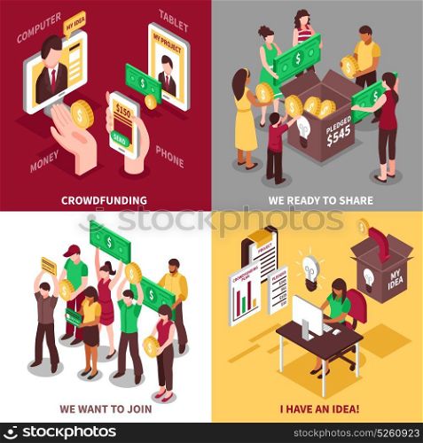 Crowdfunding Isometric Design Concept. Crowdfunding isometric design concept with people wishing to share money and join to project isolated vector illustration