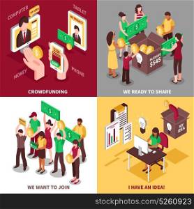 Crowdfunding Isometric Design Concept. Crowdfunding isometric design concept with people wishing to share money and join to project isolated vector illustration