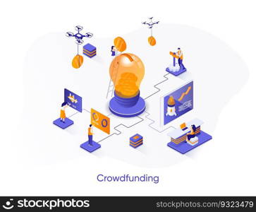 Crowdfunding isometric web banner. Fundraising, business startup investment isometry concept. Crowdfunding platform 3d scene, money donation flat design. Vector illustration with people characters.