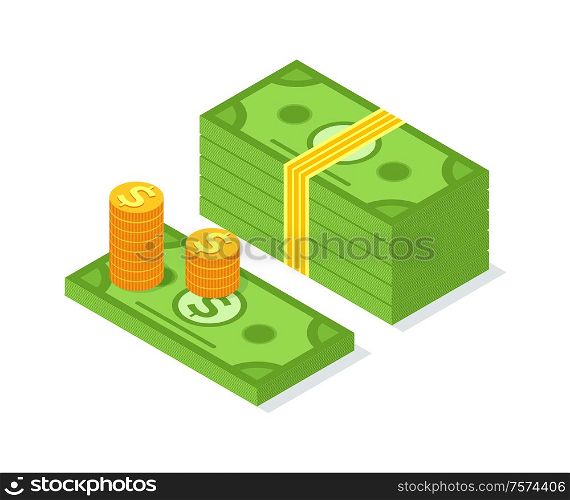 Crowdfunding money pack and golden coins isolated on white. Finance and cash, credit payment and investors support, profit and credit, business concept. Crowdfunding Money Pack and Golden Coins Vector