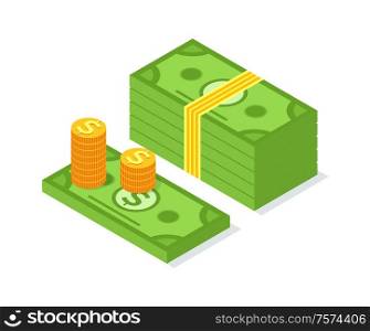 Crowdfunding money pack and golden coins isolated on white. Finance and cash, credit payment and investors support, profit and credit, business concept. Crowdfunding Money Pack and Golden Coins Vector