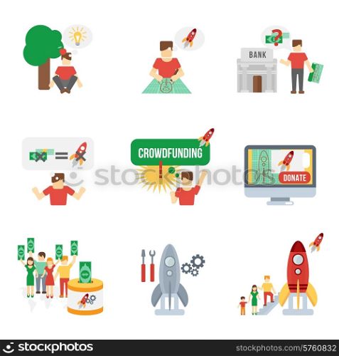 Crowdfunding startup project money investment flat icons set isolated vector illustration