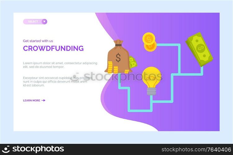 Crowdfunding strategy and idea, technology of payment, bank app, platform coins and dollars flat design style, investment project online vector. Website or webpage template, landing page flat style. Dollars and Cash Investment Create and Idea Vector
