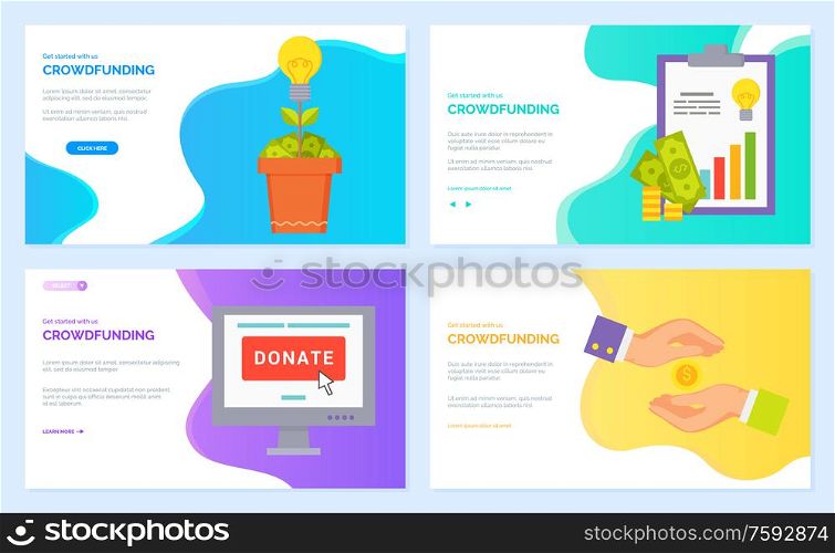 Crowdfunding vector, clipboard with information about investment, money tree and donation sign on monitor. People giving finance banknotes. Website or webpage template, landing page flat style. Crowdfunding Money Tree and Donation Website Set