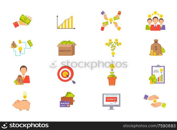Crowdfunding vector, hand with dollar banknotes, target aim and businessman isolated icons set. Clipboard with plan and statistics, people with assets. Crowdfunding Icons Set, Target and Money Coin