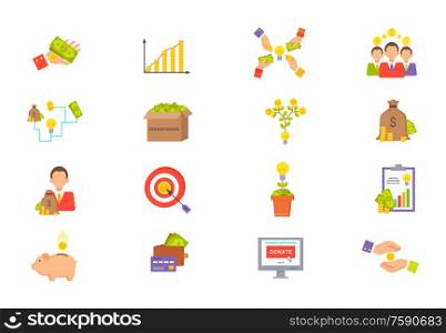 Crowdfunding vector, hand with dollar banknotes, target aim and businessman isolated icons set. Clipboard with plan and statistics, people with assets. Crowdfunding Icons Set, Target and Money Coin