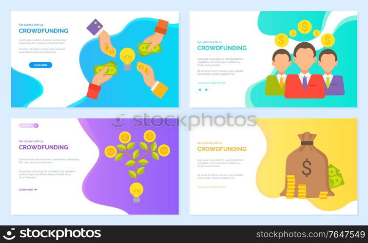 Crowdfunding vector, hands with coins and businessmen with finance assets, profit of people. Money tree growing in pot, bag with banknotes. Website or webpage template, landing page flat style. Crowdfunding Businessmen and Finance Assets Profit