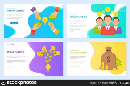 Crowdfunding vector, hands with coins and businessmen with finance assets, profit of people. Money tree growing in pot, bag with banknotes. Website or webpage template, landing page flat style. Crowdfunding Businessmen and Finance Assets Profit