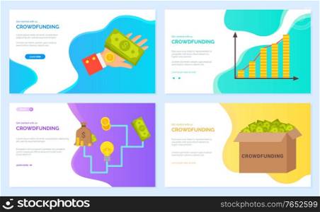 Crowdfunding vector, infocharts with information about business, box with banknotes and hand holding cash American dollars. Coin and bag. Website or webpage template, landing page flat style. Crowdfunding Money and Infocharts Website Set