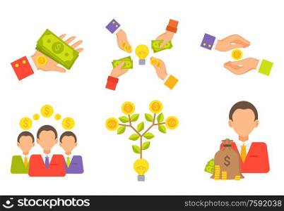Crowdfunding vector, man with pile of money, dollars in bag isolated icons set. Businessman with American currency, hand with banknotes, people and tree. Crowdfunding People with Money Gold Coins Set