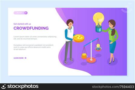 Crowdfunding vector, people holding gold coin and light bulb. Women with money and idea scaling desired with abilities, business projects. Website or webpage template, landing page flat style. Crowdfunding Women with Money and Idea Scale Web