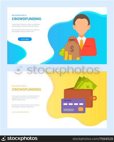 Crowdfunding vector, person with bag of money and coins, wallet with banknotes dollar currency and credit card. Profit and savings, business. Website or webpage template, landing page flat style. Crowdfunding Website with Money Wallet and Man