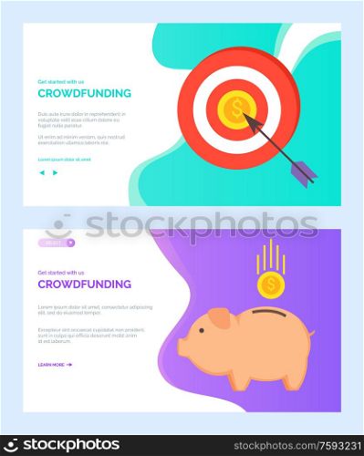 Crowdfunding vector, pig for money saving investments and target with arrow hit in bullseye. Golden dollar dime falling in ceramic piggy. Website or webpage template, landing page flat style. Crowdfunding Target with Aim and Arrow Web Set