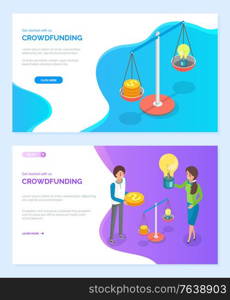 Crowdfunding vector, scaling idea with abilities, women with light bulb, scales and big gold dollar coin. Financial measurement business. Website or webpage template, landing page flat style. Crowdfunding Scales with Money and Light Bulb Web