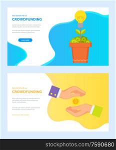 Crowdfunding web set, money tree with bulb and dollars, hands and coin. Cash presentation or payment online, investment business technology vector. Website or webpage template, landing page flat style. Business Cash or Money Presentation, Coins Vector