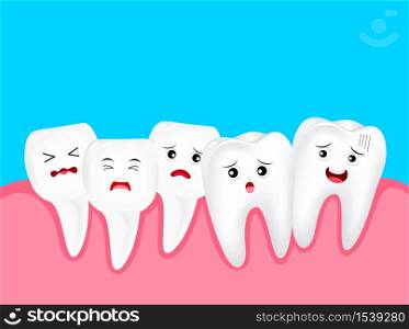 Crowding tooth, cute cartoon character. Dental problem concept, illustration. Isolated on blue background.