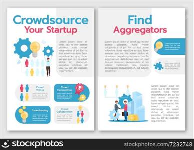 Crowdsource your startup brochure template. Find aggregators. Flyer, booklet, leaflet concept with flat illustrations. Vector page cartoon layout for magazine. advertising invitation with text space. Crowdsource your startup brochure template