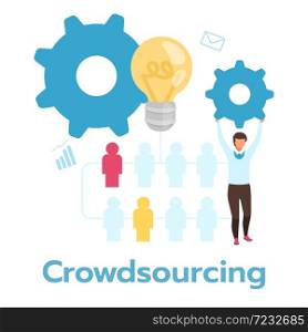Crowdsourcing flat vector illustration. Job organization. Gathering of information. Business model. Multiple contributors. Company strategy. Headhunting. Isolated cartoon character on white. Crowdsourcing flat vector illustration