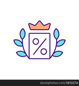 Crown and discount sign RGB color icon. Premium loyalty program. Privilege reward program for customers. Personalized benefits. Isolated vector illustration. Simple filled line drawing. Crown and discount sign RGB color icon