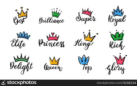 Crown hand drawn lettering. Queen crown icons, calligraphy tiara and colorful diadem vector illustration set. Symbols of royal power pack. Diadem and luxurious decals isolated on white background. Crown hand drawn lettering. Queen crown icons, calligraphy tiara and colorful diadem vector illustration set. Symbols of royal power pack. Beautiful diadem and luxurious decals collection
