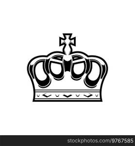 Crown hat topped by cross isolated monochrome icon. Vector ancient head decoration, jewelry kingdom treasure symbol. Royal imperial corona, heraldic monarchy, authority, wealth and power mascot. Crown head decoration isolated jewel treasure icon