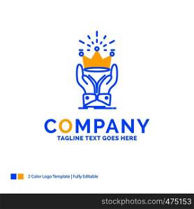 Crown, honor, king, market, royal Blue Yellow Business Logo template. Creative Design Template Place for Tagline.
