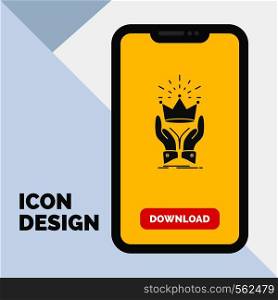Crown, honor, king, market, royal Glyph Icon in Mobile for Download Page. Yellow Background. Vector EPS10 Abstract Template background