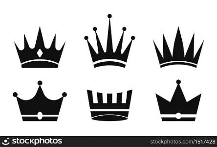 Crown icon. Silhouette of crowns queens, kings. Set of symbol for princess, prince. Royal luxury design. Heraldic vintage emblems. Black medieval collection for imperial coronation or knight. Vector.. Crown icon. Silhouette of crowns queens, kings. Set of symbol for princess, prince. Royal luxury design. Heraldic vintage emblems. Black medieval collection for imperial coronation or knight. Vector