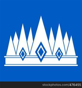 Crown icon white isolated on blue background vector illustration. Crown icon white