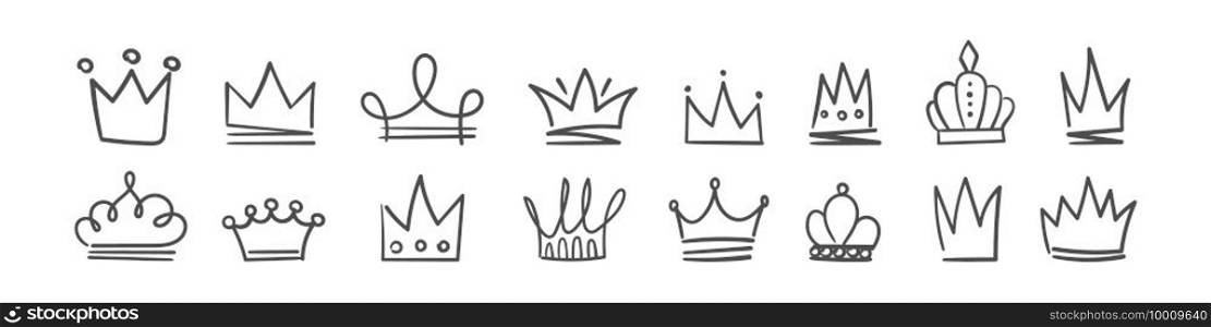 Crown icons. Doodle crown set, hand drawn icons. Vector illustration