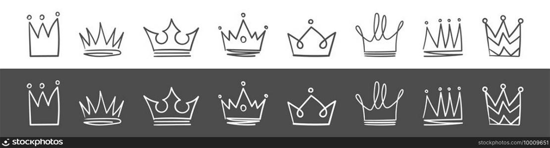 Crown icons. Hand drawn crowns. Royal imperial coronation and monarch symbols. Vector illustration