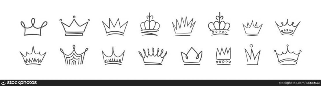 Crown icons set. Doodle crown set, hand drawn icons. Vector illustration