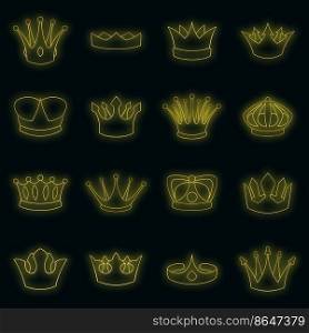 Crown icons set. Illustration of 16 crown vector icons neon color on black. Crown icons set vector neon