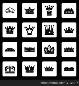 Crown icons set in white squares on black background simple style vector illustration. Crown icons set squares vector