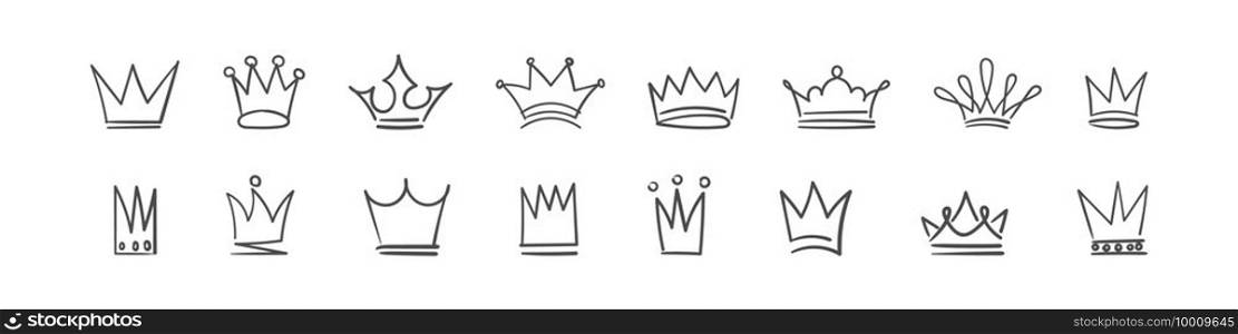Crown icons set. Sketch crown. Doodle crown set, hand drawn icons. Vector illustration