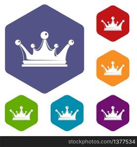Crown icons vector colorful hexahedron set collection isolated on white. Crown icons vector hexahedron