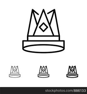 Crown, King, Empire, First, Position, Achievement Bold and thin black line icon set