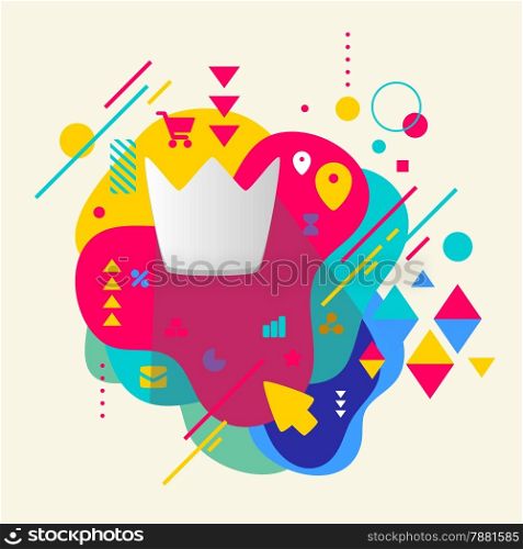 Crown on abstract colorful spotted background with different elements. Flat design.