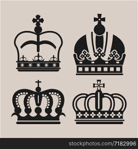 Crown royal logo of diadem or tiara with ornate ornament pattern. Vector flat isolated icon of imperial heraldic crown on white background. Crowns royal heraldic vector icons set