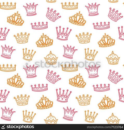Crown seamless pattern. Golden and pink crowns for princess. Newborn girl vector background. Illustration of princess crown pattern, background seamless. Crown seamless pattern. Golden and pink crowns for princess. Newborn girl vector background