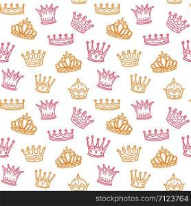 Crown seamless pattern. Golden and pink crowns for princess. Newborn girl vector background. Illustration of princess crown pattern, background seamless. Crown seamless pattern. Golden and pink crowns for princess. Newborn girl vector background