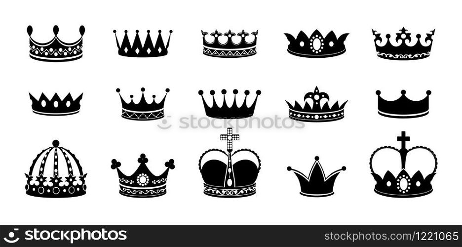 Crown silhouette icon set. Collections of queen tiara. Emperor crowns silhouette. King diamond coronation crowning. Vector image black silhouettes corona isolated on white. Crown silhouette icon set. Collections of queen tiara. Emperor crowns silhouette. King diamond coronation crowning. Vector corona isolated on white