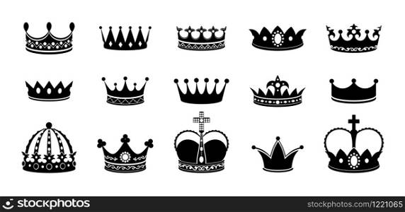 Crown silhouette icon set. Collections of queen tiara. Emperor crowns silhouette. King diamond coronation crowning. Vector image black silhouettes corona isolated on white. Crown silhouette icon set. Collections of queen tiara. Emperor crowns silhouette. King diamond coronation crowning. Vector corona isolated on white