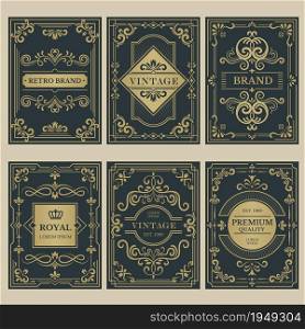 Crown vintage cards. Royal victorian style posters with floral calligraphic elements borders dividers corners vector templates. Premium quality card, vignette to wedding or certificate illustration. Crown vintage cards. Royal victorian style posters with floral calligraphic elements borders dividers corners vector templates