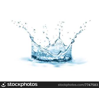Crown water splash with swirl and drops realistic vector. 3d splatter of blue clean liquid in shape of crown, crystal water surface with waves, ripples, bubbles and droplets, pure aqua themes. Crown water splash with swirl and drops, realistic