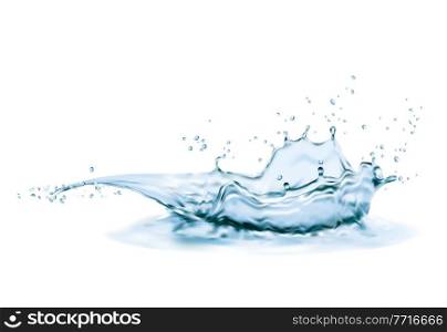 Crown water splash with swirl and drops. Vector liquid splashing aqua dynamic motion, graphic design element with spray droplets side view isolated on white background, ad realistic 3d pure water. Crown water splash with swirl and drops, 3d vector