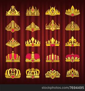 Crowns of king or queen, price or princess vector, isolated set of royal signs. Symbol of monarchy and royal powers, golden hats with gemstones decor. Crown Monarch Power Symbol, Monarchy Corona Set