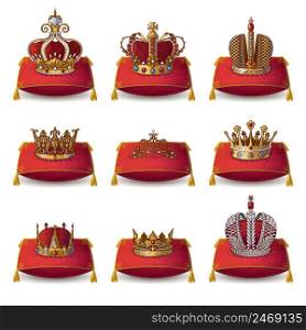 Crowns of kings and queen collection on red pillows with yellow tassels isolated vector illustation. Crowns Of Kings And Queen Collection